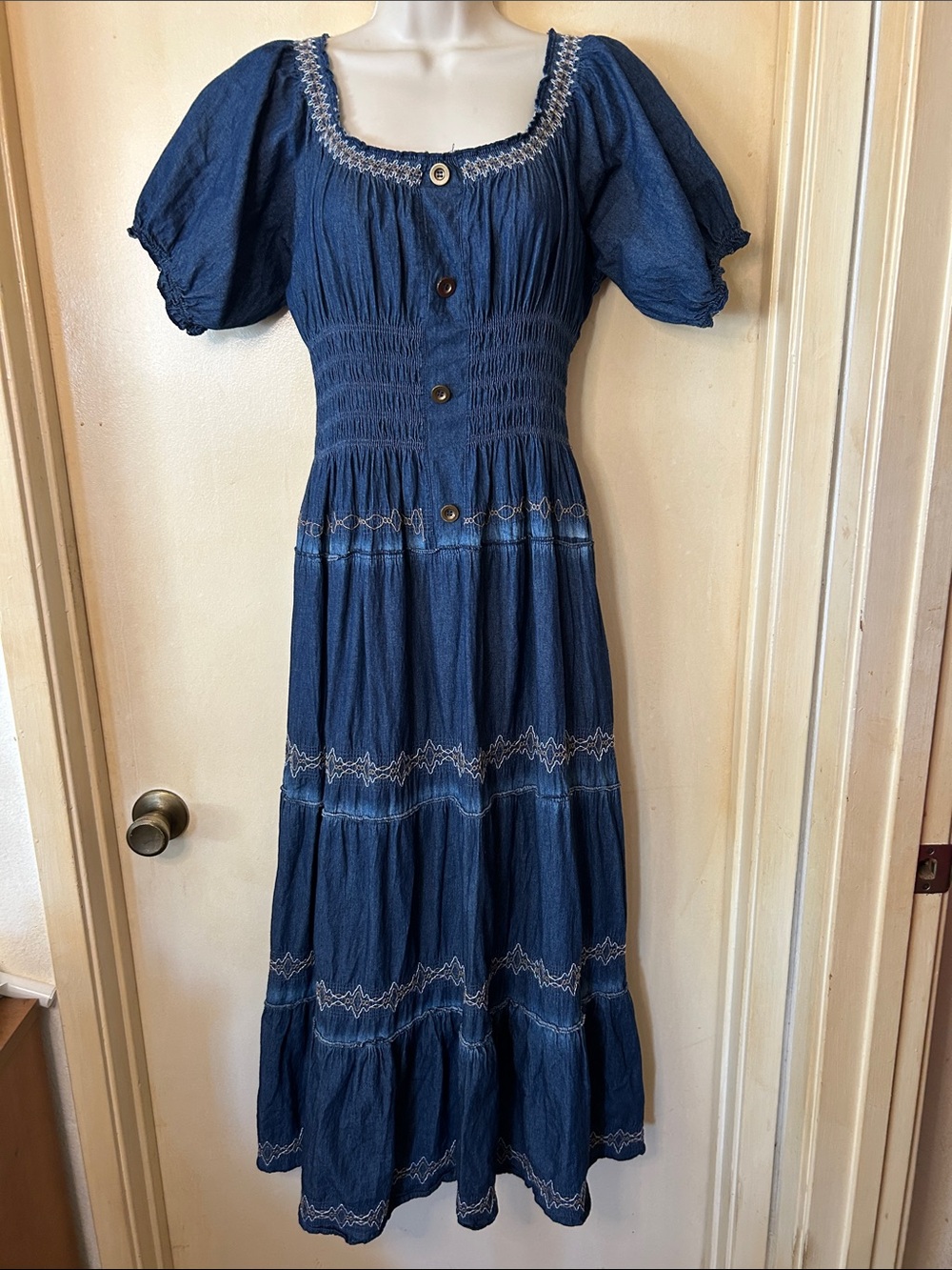 Indigo and Lace Cotton Denim Peasant Dress with Tan Embroidery size L
